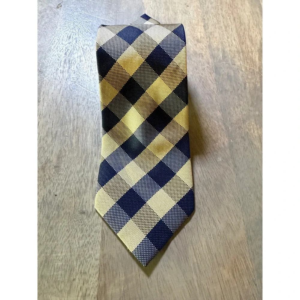 Pierre‎ Cardin Mens Necktie Gingham Check Navy Blue Yellow One Size